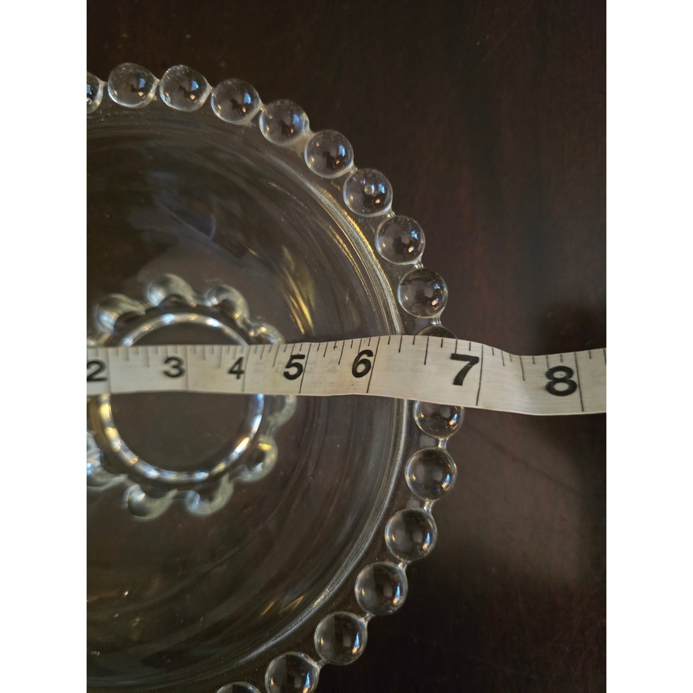 Vintage Clear Beaded Edge Glass Bowl Candlewick Style Scalloped Pedestal 7 Inch - Picture 3 of 5